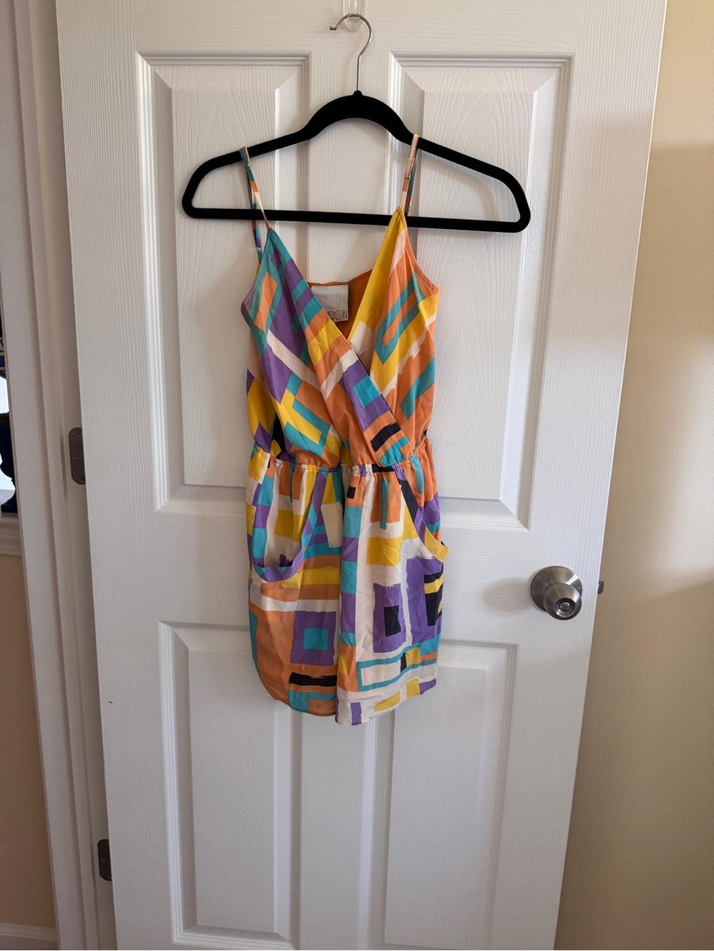 Neiman Marcus Revolve Addison Geometric V-Neck Silk Romper w pockets- Multicolor